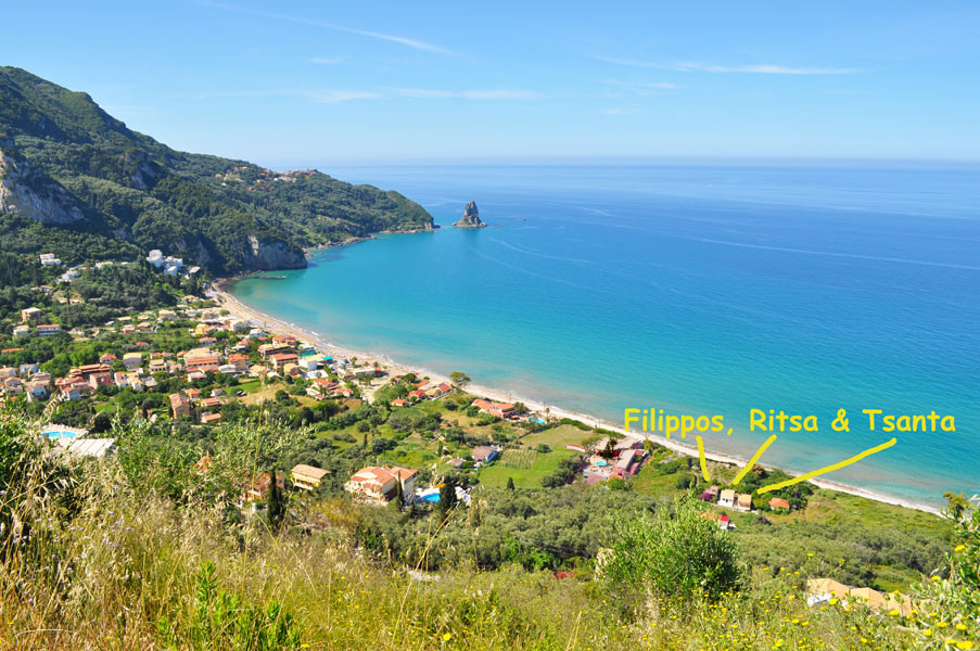 The 3 small cottages at Agios Gordios beach in Corfu